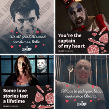 Load image into Gallery viewer, horror icons valentines; psycho, house of 1000 corpses, the silence of the lambs, halloween valentines
