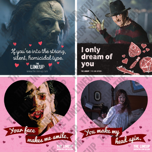 70s horror valentines, 80s horror valentines; halloween, a nightmare on elm street, texas chainsaw massacre, the exorcist valentine